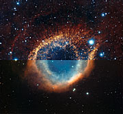 Infrared/visible light comparison view of the Helix Nebula